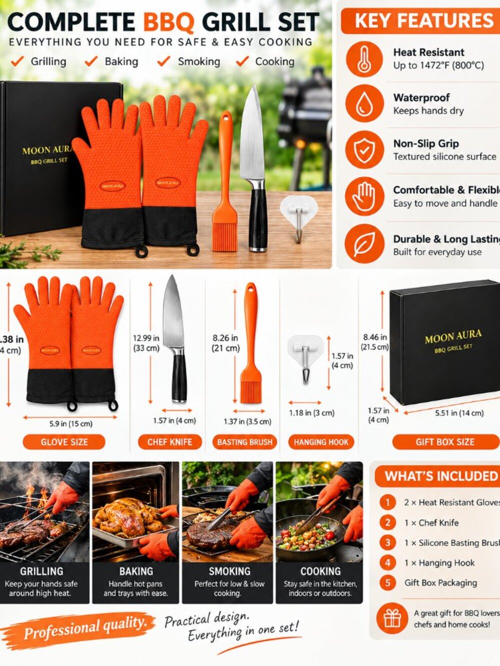 Moon Aura BBQ Gloves - Heat Resistant Oven Mitts for Grilling, Baking & Smoking